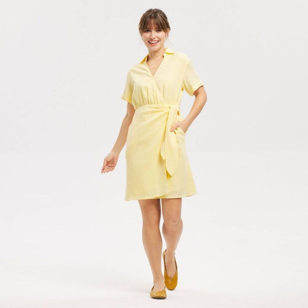 Women's Short Sleeve Wrap Tie Mini Shirtdress - Universal Thread Yellow XL
